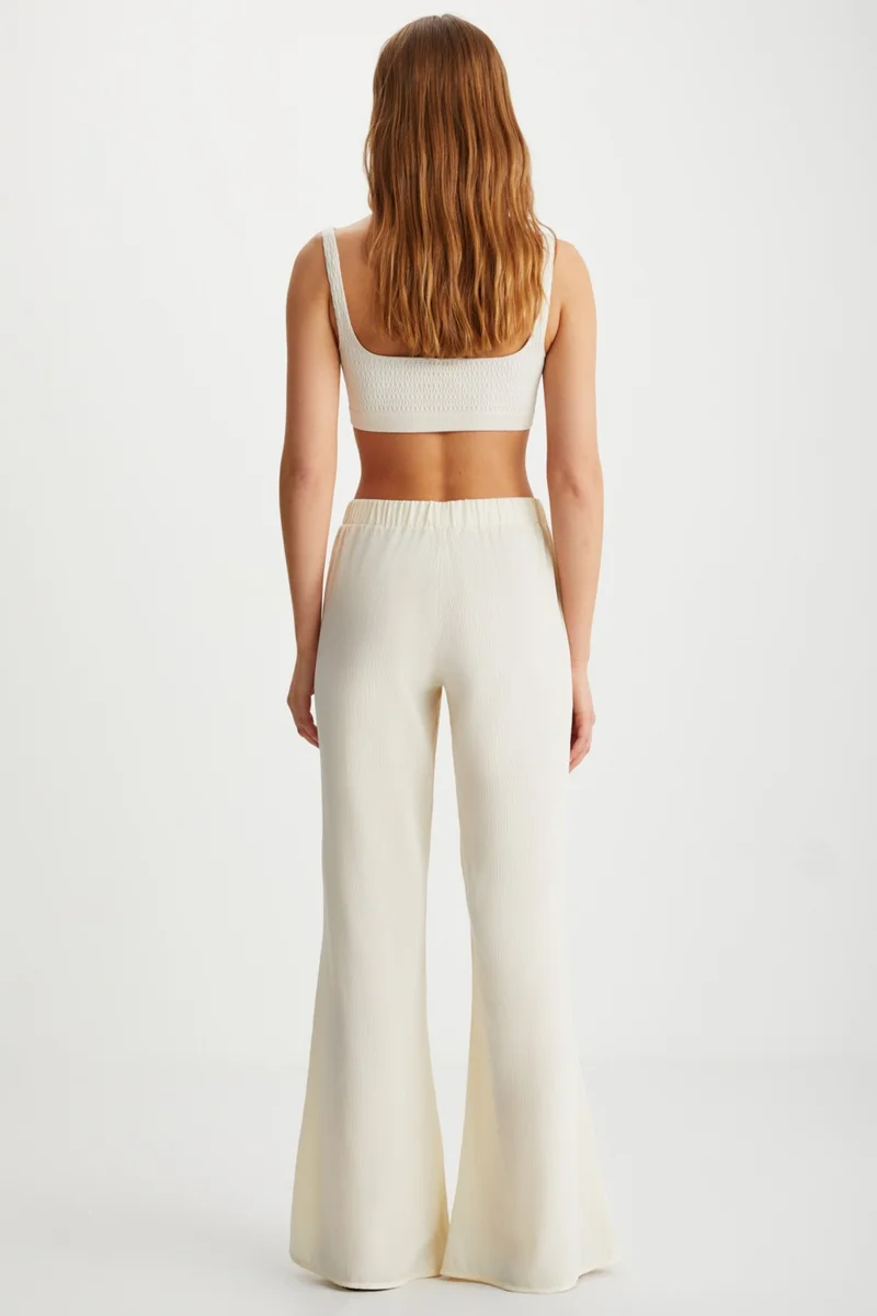 GRIMELANGE Valdis Women's Waist Elastic High Waist Flare Leg Viscose Ecru Trousers