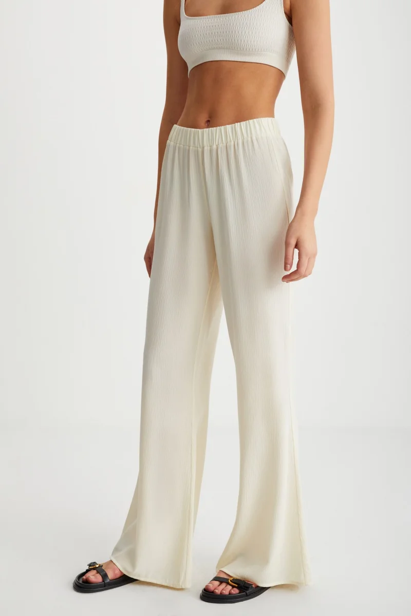 GRIMELANGE Valdis Women's Waist Elastic High Waist Flare Leg Viscose Ecru Trousers