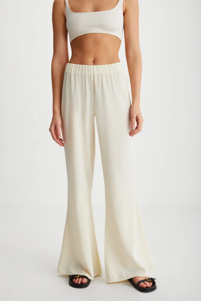 GRIMELANGE Valdis Women's Waist Elastic High Waist Flare Leg Viscose Ecru Trousers