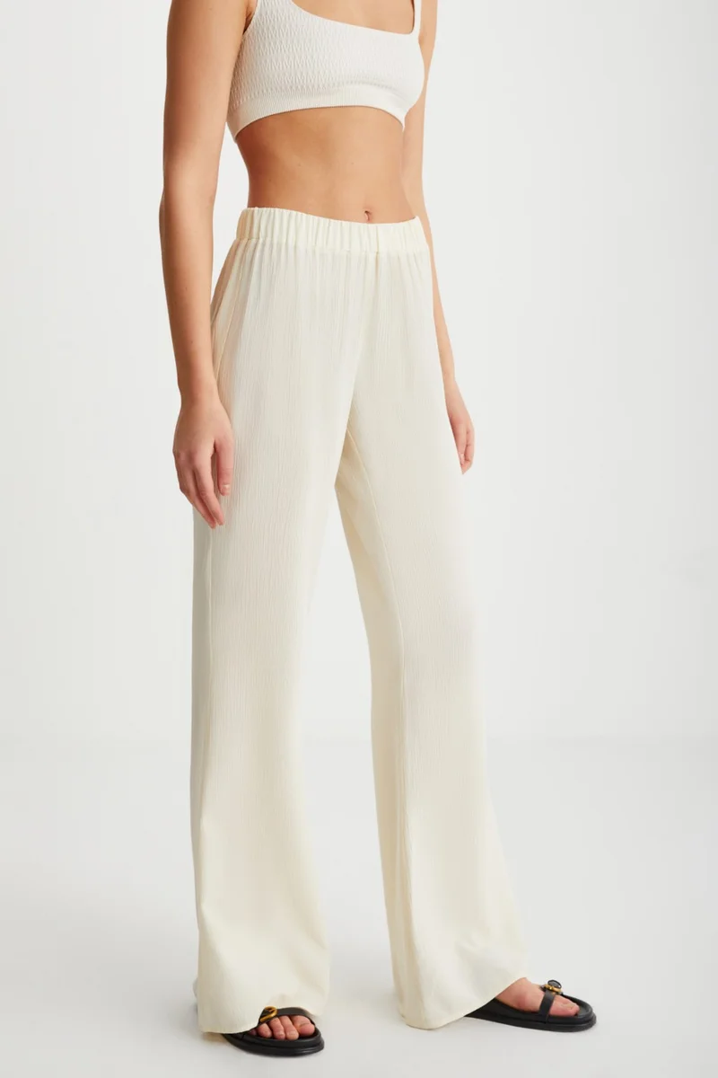GRIMELANGE Valdis Women's Waist Elastic High Waist Flare Leg Viscose Ecru Trousers