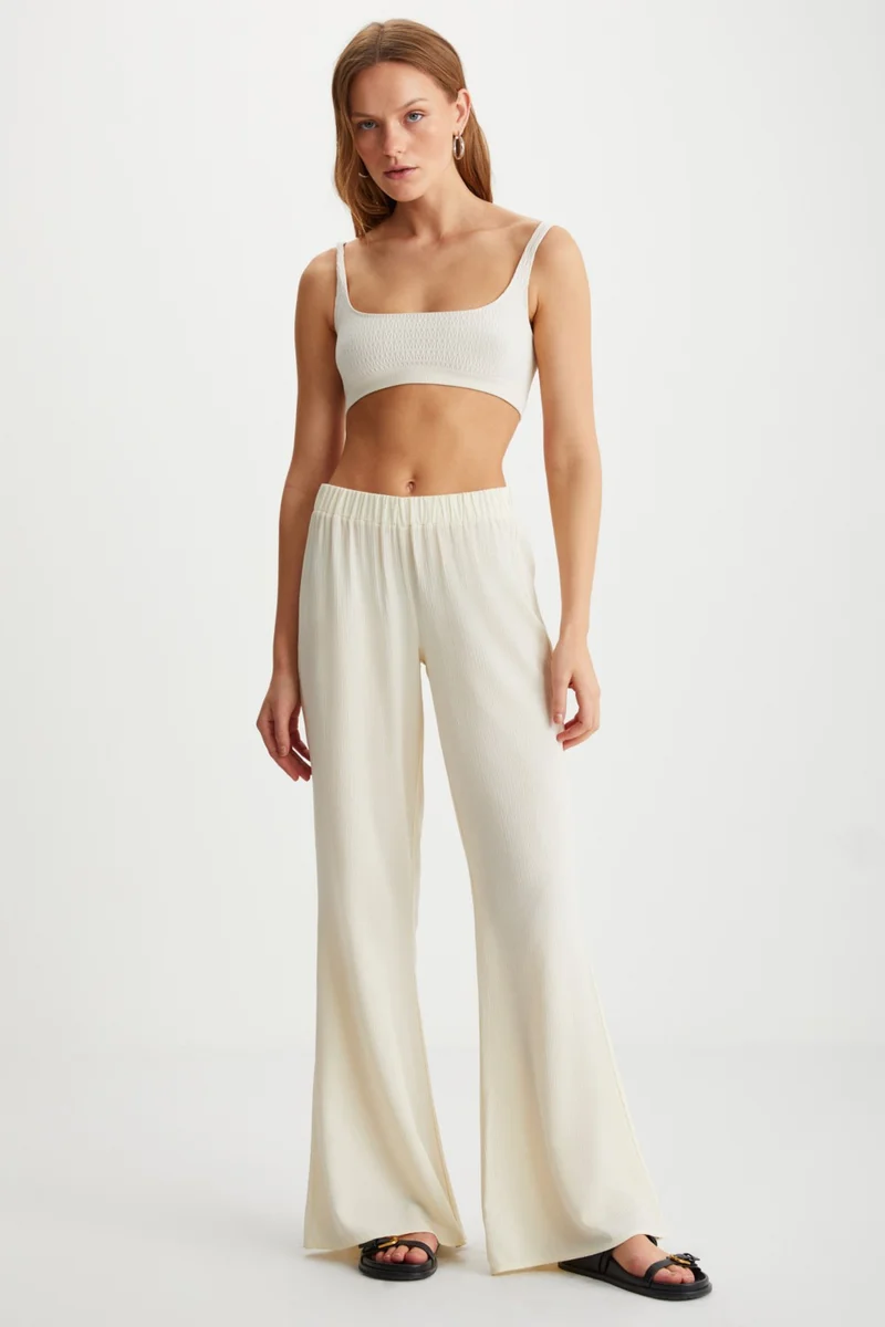 GRIMELANGE Valdis Women's Waist Elastic High Waist Flare Leg Viscose Ecru Trousers