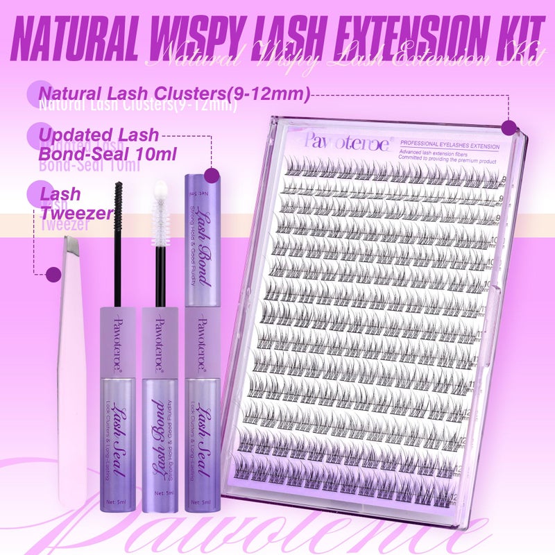 Pawotence Lash Extension Kit Wispy Lash Clusters Kit 9-12mm Natural Individual Lashes Kit 168pcs Cluster Eyelash Extension Kit with Lash Bond and Seal, Lash Applicator for Self Use - Image 2