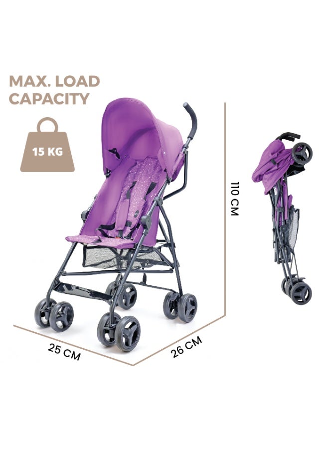 Nurtur Leo Travel Lightweight Stroller Pro – Compact Fold, Adjustable and removable Sun Canopy, Portable Buggy for Toddlers 6-36 Months, Easy Fold, Shopping Basket, 5 point Harness, Padded seat & Backrest, Swivel front wheels with lock  - Purple - Image 5