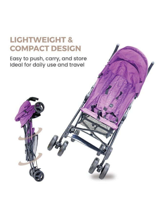 Nurtur Leo Travel Lightweight Stroller Pro – Compact Fold, Adjustable and removable Sun Canopy, Portable Buggy for Toddlers 6-36 Months, Easy Fold, Shopping Basket, 5 point Harness, Padded seat & Backrest, Swivel front wheels with lock  - Purple - Image 4