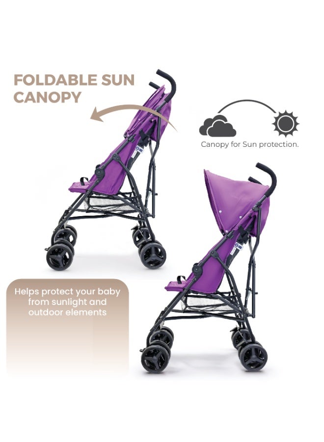 Nurtur Leo Travel Lightweight Stroller Pro – Compact Fold, Adjustable and removable Sun Canopy, Portable Buggy for Toddlers 6-36 Months, Easy Fold, Shopping Basket, 5 point Harness, Padded seat & Backrest, Swivel front wheels with lock  - Purple - Image 3