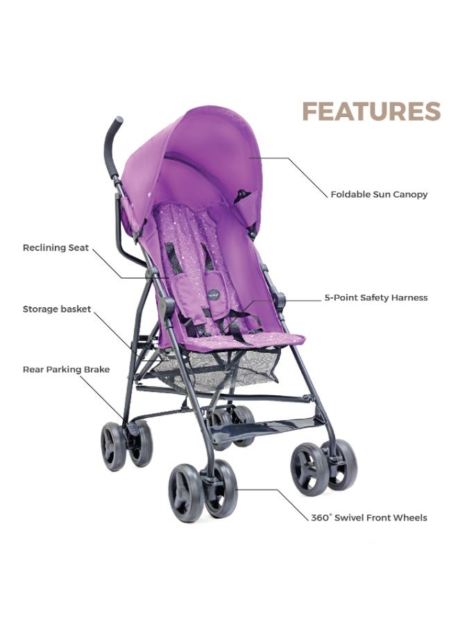 Nurtur Leo Travel Lightweight Stroller Pro – Compact Fold, Adjustable and removable Sun Canopy, Portable Buggy for Toddlers 6-36 Months, Easy Fold, Shopping Basket, 5 point Harness, Padded seat & Backrest, Swivel front wheels with lock  - Purple - Image 2