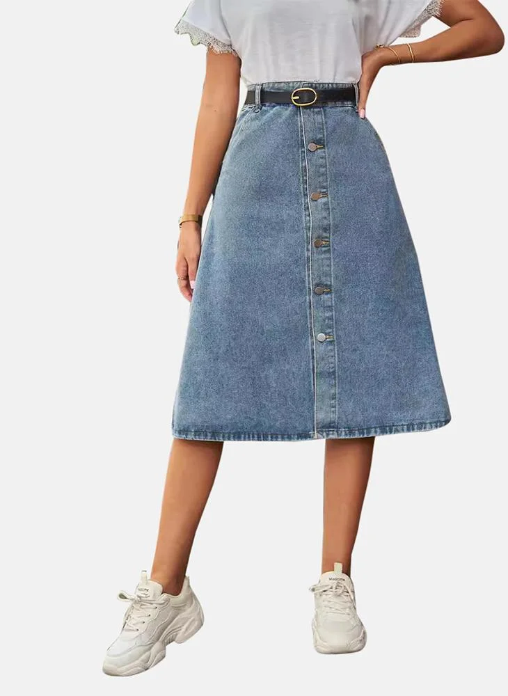 YUNIQEE Blue Mid Rise Plain Midi Skirt