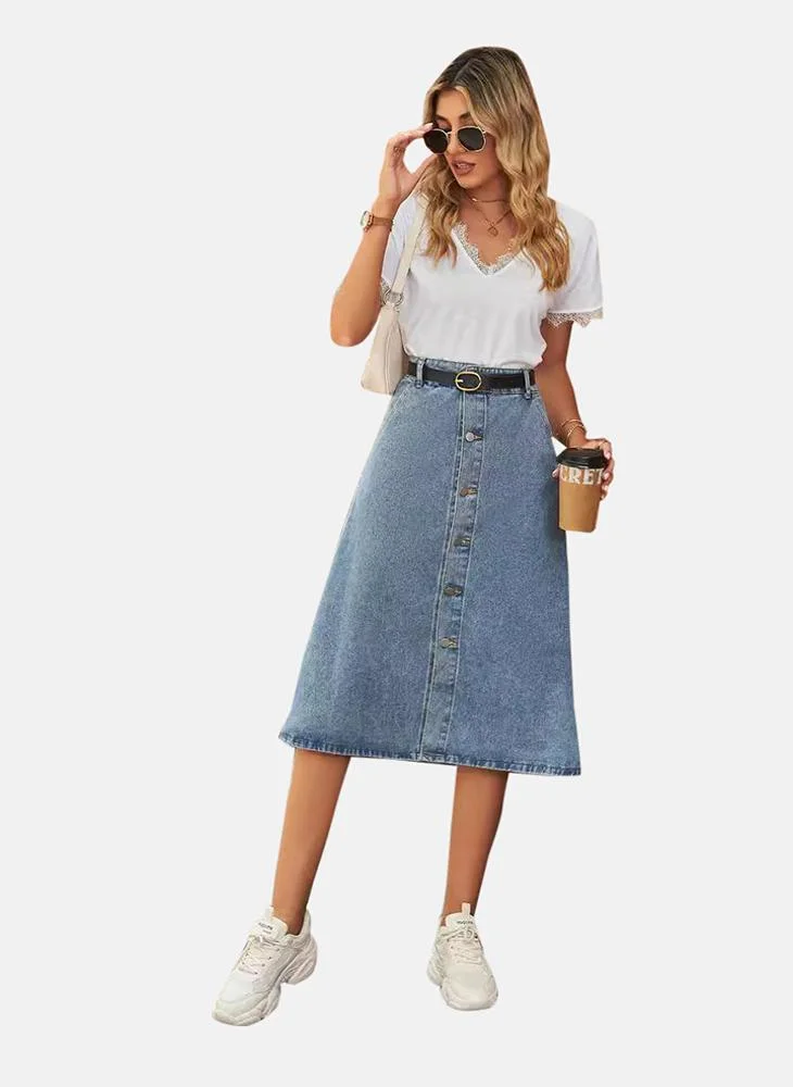 YUNIQEE Blue Mid Rise Plain Midi Skirt