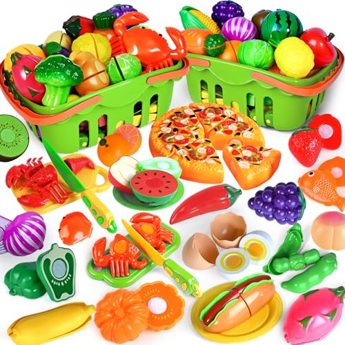 Shemira 100 PCS Cutting Play Food Toy for Kids Kitchen Pretend Food Toys for Toddlers Play Kitchen Toys Accessories with 2 Baskets Fake FoodFruitVegetable Birthday Gifts for 3 4 5 6 Years Old Boys Girls - Image 1
