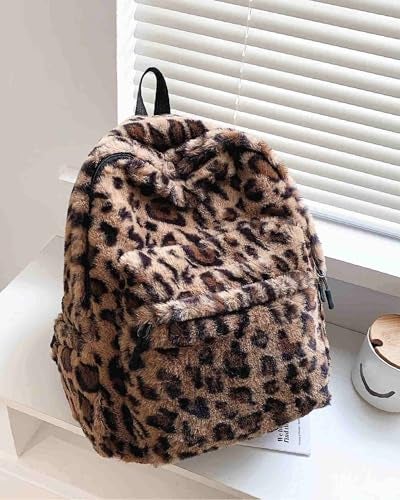 Winatehr fluffy cheetah print backpack cute y2k animal fur 14 inch scene book bag for women fashion simple personal item aesthetic girls bag - Image 3