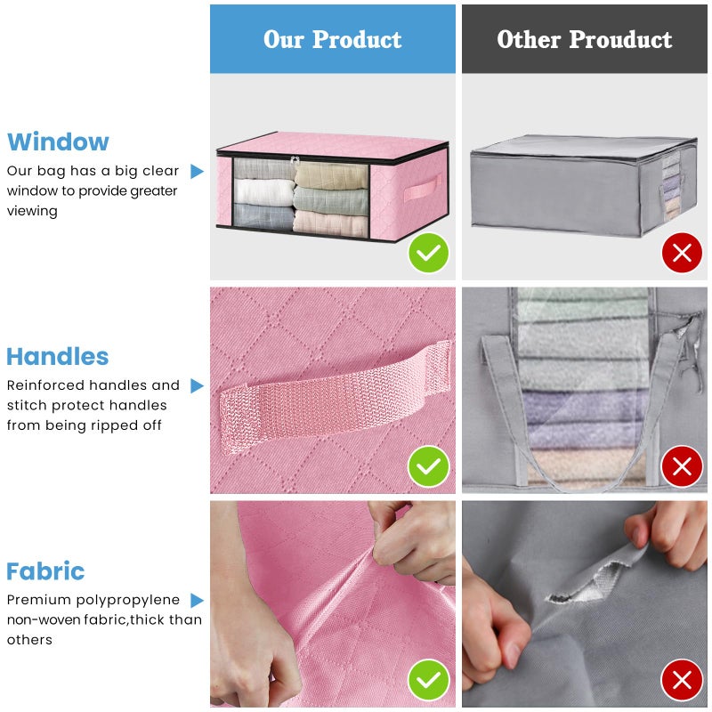 HomeHacks مجموعة هوم هاكس للتخزين، 4 أكياس تخزين لتنظيم الملابس، صندوق تخزين قابل للطي بنافذة شفافة كبيرة ومقابض متينة، مناسب للخزانة، غرف النوم، الوسائد، أغطية الأسرة، الملابس، والبطانيات، سعة 35 لترًا، لون وردي - Image 5