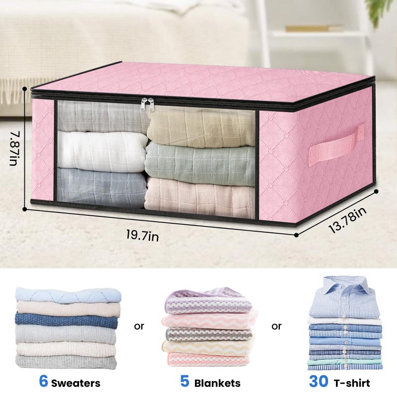 HomeHacks مجموعة هوم هاكس للتخزين، 4 أكياس تخزين لتنظيم الملابس، صندوق تخزين قابل للطي بنافذة شفافة كبيرة ومقابض متينة، مناسب للخزانة، غرف النوم، الوسائد، أغطية الأسرة، الملابس، والبطانيات، سعة 35 لترًا، لون وردي - Image 2