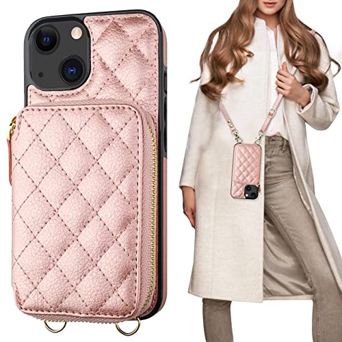 Bocasal Crossbody Wallet Case for iPhone 13 RFID Blocking PU Leather Zipper Handbag Purse Flip Cover Kickstand Folio Case with Card Slots Holder Wrist Strap Lanyard 5G 61 Inch Rose Gold - Image 1