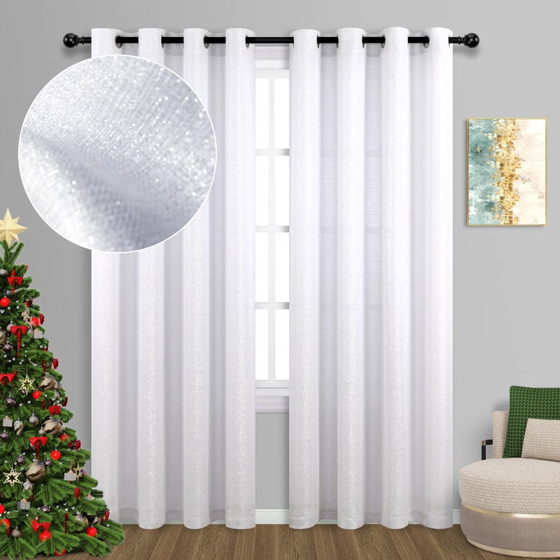 White Silver Curtains 84 Inch Length for Living Room 2 Panels Grommet Sparkle Shiny Metallic Shimmer Light Filtering Semi Sheer Glitter Curtains for Bedroom Stunning Stylish Modern Chic Design 84 Long