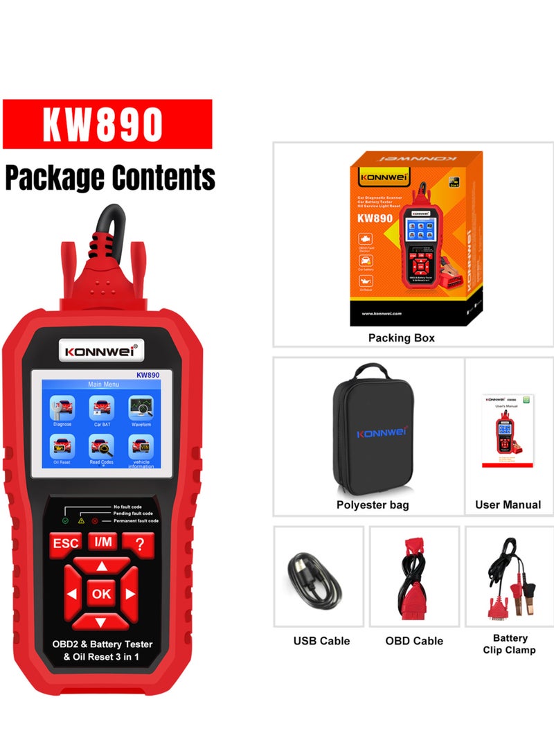 كونوي KW890 جهاز فحص OBDII احترافي قارئ رموز السيارات + مختبر بطارية + أداة مسح خاصة لإعادة ضبط الزيت لسيارات OBD II بعد عام 1996 (أصلي) - Image 2
