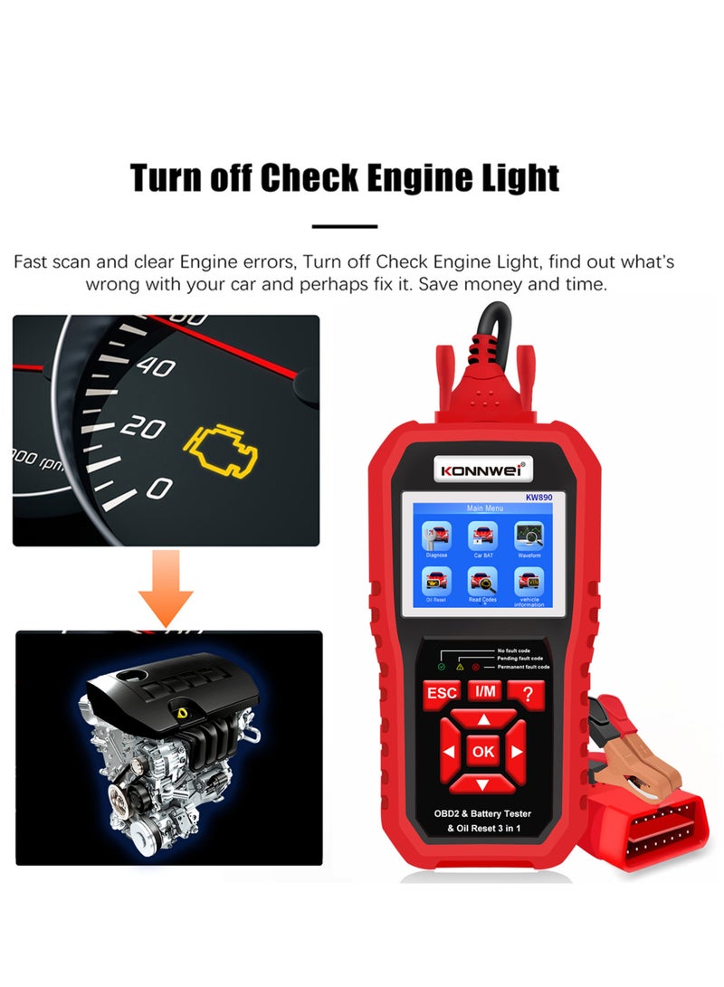 كونوي KW890 جهاز فحص OBDII احترافي قارئ رموز السيارات + مختبر بطارية + أداة مسح خاصة لإعادة ضبط الزيت لسيارات OBD II بعد عام 1996 (أصلي) - Image 3
