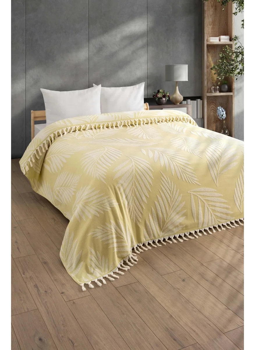 Sevim Double Fringed Terry (Towel) Bedspread - Leaf Patterned & Natural & Ground Colored Bedspread - Yellow