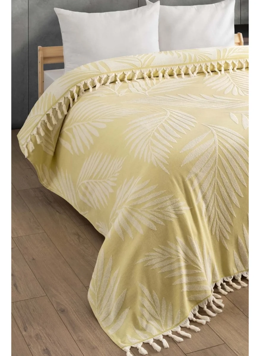 Sevim Double Fringed Terry (Towel) Bedspread - Leaf Patterned & Natural & Ground Colored Bedspread - Yellow