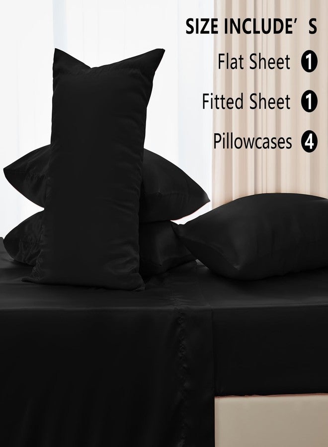 CozyLux Satin Sheets Full Size - 6 Piece Black Bed Sheet Set with Silky Microfiber, 1 Deep Pocket Fitted Sheet, 1 Flat Sheet, and 4 Pillowcases - Smooth and Soft - Image 2