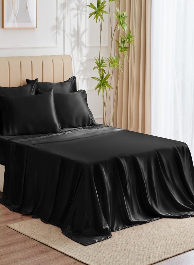 CozyLux Satin Sheets Full Size - 6 Piece Black Bed Sheet Set with Silky Microfiber, 1 Deep Pocket Fitted Sheet, 1 Flat Sheet, and 4 Pillowcases - Smooth and Soft - Image 1