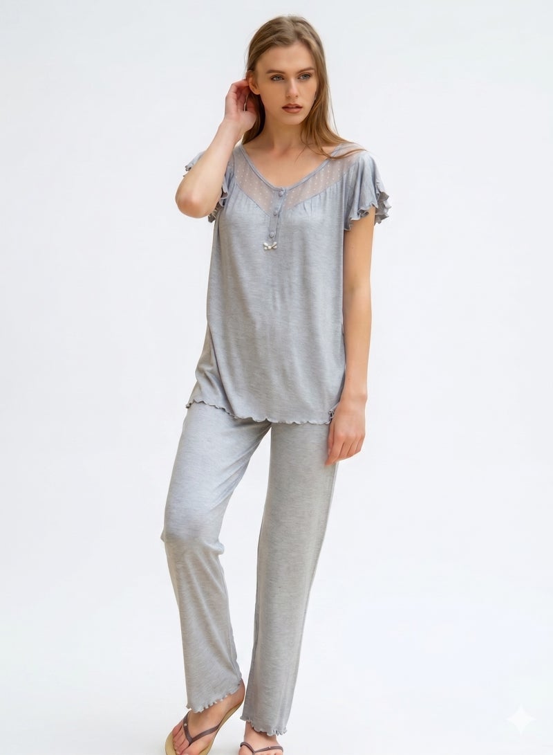 KITTY Women's Pyjama Set, Grey, V-Neck with Lace Detail - Image 1