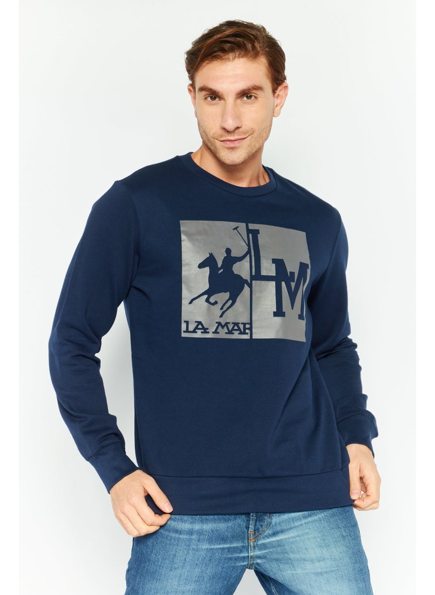 La Martina Men Crew Neck Long Sleeves Brand Logo Sweatshirt, Navy  - Image 1