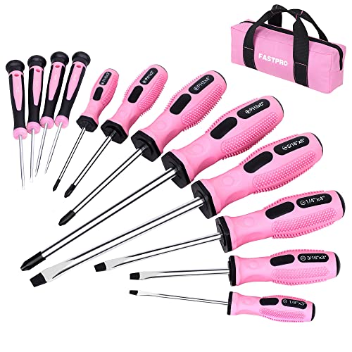 FASTPRO 12-Piece Pink Magnetic Screwdrivers Set with Slotted Phillips Screwdrivers and Precision Screwdrivers, Repair Tool Kit for Women with Storage Bag - Image 1