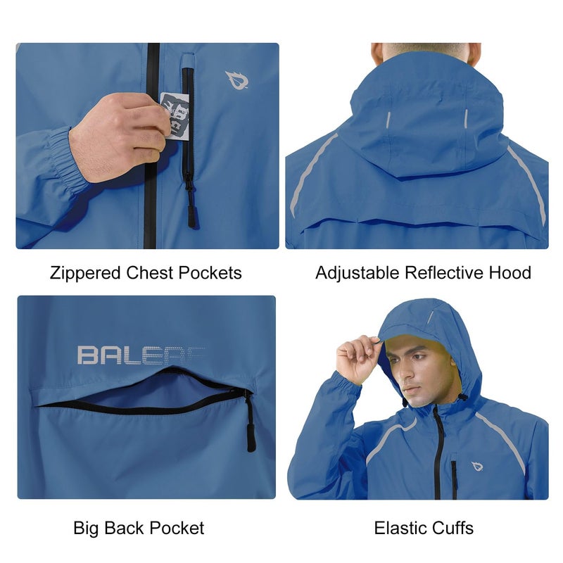 baleaf Mens Rain Jacket Waterproof Raincoat Windbreaker Gear Running Cycling Golf Coats Hood Lightweight Reflective Blue L - Image 4