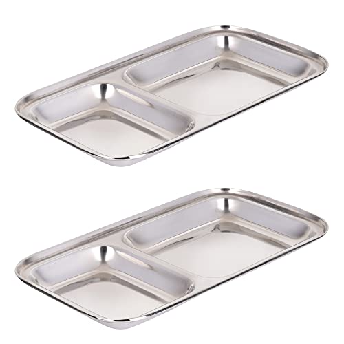 WG inc Stainless Steel Dinner Plates, 2 Pack, Small Appetizer Two Compartment divided Kids plates, Toddler Plates, Rectangular dishes, Non Toxic Metal Camping Trays, Dip Platter - Image 1