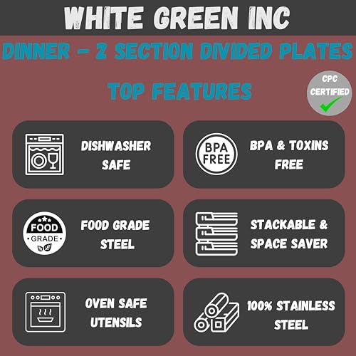 WG inc Stainless Steel Dinner Plates, 2 Pack, Small Appetizer Two Compartment divided Kids plates, Toddler Plates, Rectangular dishes, Non Toxic Metal Camping Trays, Dip Platter - Image 3