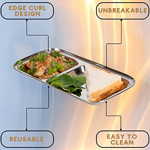WG inc Stainless Steel Dinner Plates, 2 Pack, Small Appetizer Two Compartment divided Kids plates, Toddler Plates, Rectangular dishes, Non Toxic Metal Camping Trays, Dip Platter - Image 2