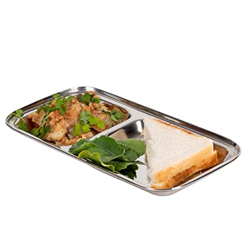 WG inc Stainless Steel Dinner Plates, 2 Pack, Small Appetizer Two Compartment divided Kids plates, Toddler Plates, Rectangular dishes, Non Toxic Metal Camping Trays, Dip Platter - Image 4