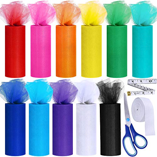 Supla Rainbow Tulle Rolls 11 Colors - 6" by 25 Yards Spool With Sewing Scissor, Measuring Tape, Knit Elastic for Table Skirt, Party Tulle Skirt - Image 1