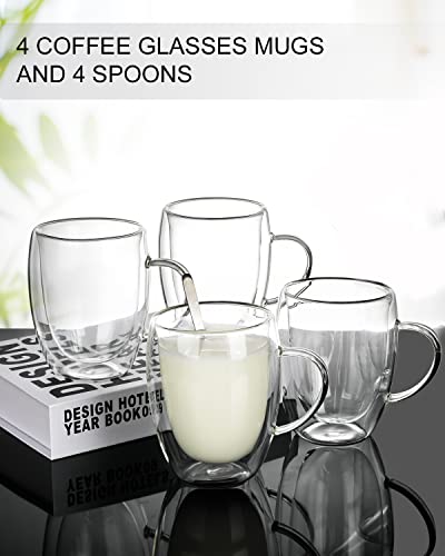 LIBWYS 4 Pack Double Walled Coffee Cups Glasses Mugs 12oz, Espresso Cappuccino Latte Tea Cups with Handle, Heat Resistant Borosilicate Clear Glasses 350ml - Image 2