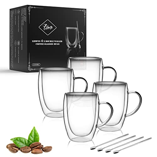 LIBWYS 4 Pack Double Walled Coffee Cups Glasses Mugs 12oz, Espresso Cappuccino Latte Tea Cups with Handle, Heat Resistant Borosilicate Clear Glasses 350ml - Image 1