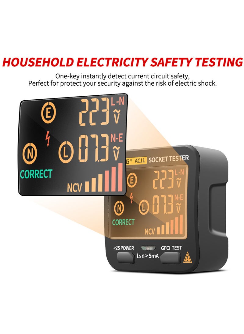 AC11 Socket Tester Electric Leakage Detector LCD Display Ground Wire Zero Line Live Wire Phase Multifunctional Electrical Electroscope RCD NCV Electric Tester Circuit Polarity Detector UK Plug