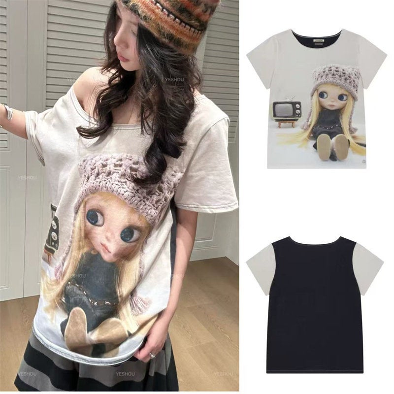 Korean Coyseio Collaboration Doll Print Off Shoulder Loose Short Sleeve T-Shirt for Women 2026 Spring - Image 1