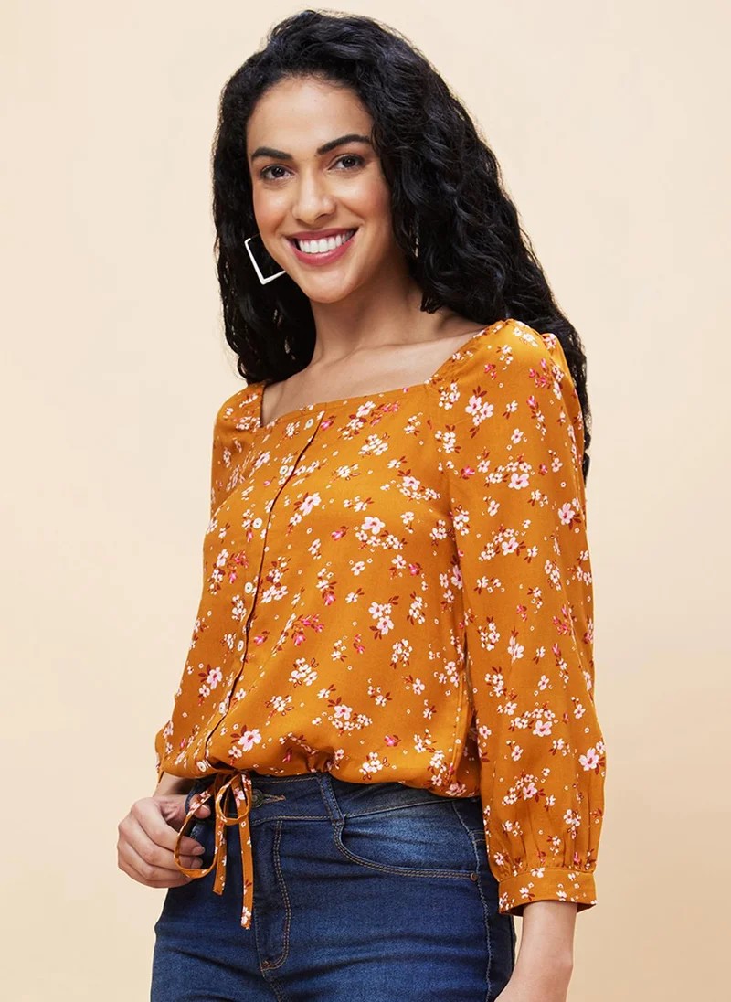 جلو باص بلوزة نسائية بطبعة زهور بياقة قميص من جلوبس