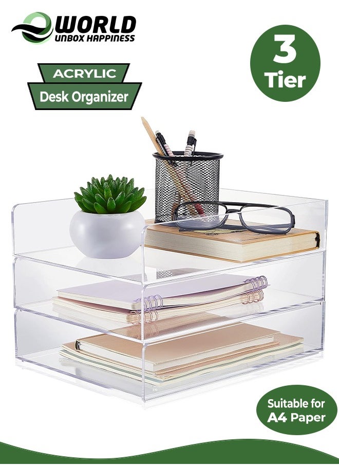 Eworld 3-Tier Acrylic Desk Organizers featuring rounded edges and stackable Clear Document Trays for Office Organization, Ideal for A4 letters, stationery, documents, books, memos and pads, (2 Sizes)  - Image 1