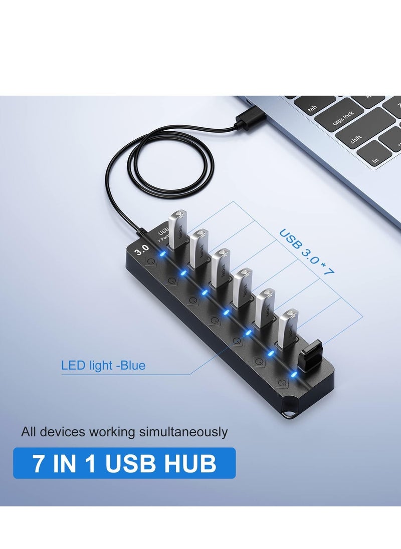 General - USB Hub 3.0, 7-Port USB Hub Splitter with Individual On Off Switches and Lights, 3.2ft，1m Long Cable Compatible with MacBook, Laptop, Surface Pro, PS4, PC, Flash Drive, Mobile HDD - Image 1