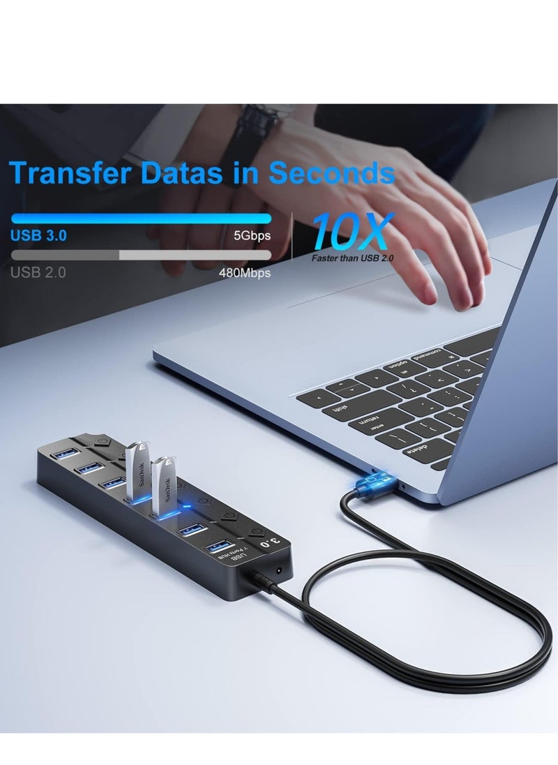 General - USB Hub 3.0, 7-Port USB Hub Splitter with Individual On Off Switches and Lights, 3.2ft，1m Long Cable Compatible with MacBook, Laptop, Surface Pro, PS4, PC, Flash Drive, Mobile HDD - Image 1