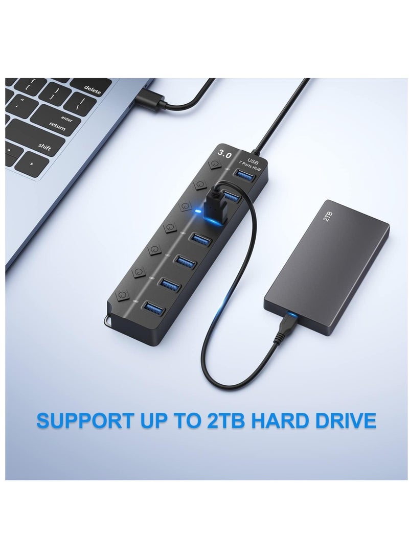 General - USB Hub 3.0, 7-Port USB Hub Splitter with Individual On Off Switches and Lights, 3.2ft，1m Long Cable Compatible with MacBook, Laptop, Surface Pro, PS4, PC, Flash Drive, Mobile HDD - Image 1