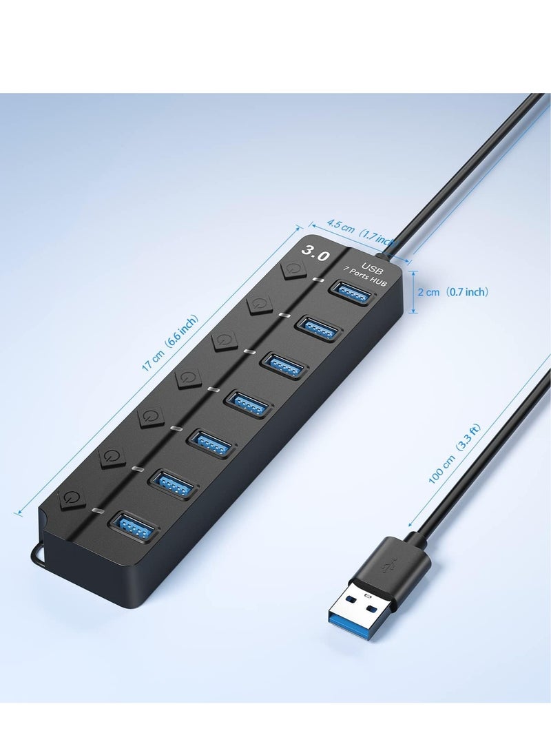 General - USB Hub 3.0, 7-Port USB Hub Splitter with Individual On Off Switches and Lights, 3.2ft，1m Long Cable Compatible with MacBook, Laptop, Surface Pro, PS4, PC, Flash Drive, Mobile HDD - Image 1