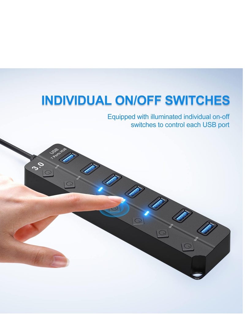 General - USB Hub 3.0, 7-Port USB Hub Splitter with Individual On Off Switches and Lights, 3.2ft，1m Long Cable Compatible with MacBook, Laptop, Surface Pro, PS4, PC, Flash Drive, Mobile HDD - Image 1