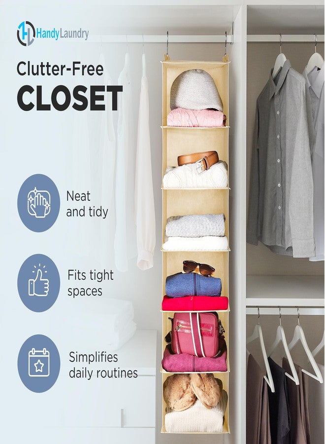 Handy Laundry Hanging Closet Organizer - 6 Shelf Storage for Clothes, Sweaters, Shoes & Accessories - Space-Saving Wardrobe Shelves with Hooks for Dorm, RV & Small Closet Organization (Beige) - Image 2