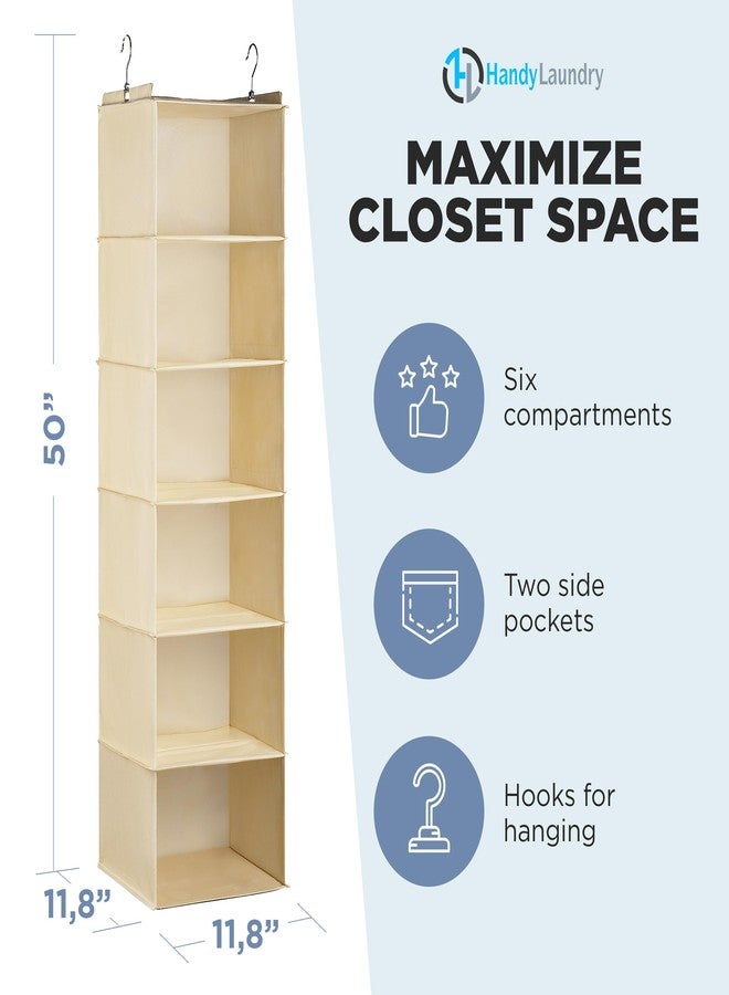 Handy Laundry Hanging Closet Organizer - 6 Shelf Storage for Clothes, Sweaters, Shoes & Accessories - Space-Saving Wardrobe Shelves with Hooks for Dorm, RV & Small Closet Organization (Beige) - Image 3