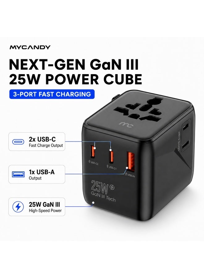 MYCANDY 25W Gan Iii Universal Travel Adapter With 2 Usb-C & Usb-A Ports, Worldwide Plug, Black Black - Image 1