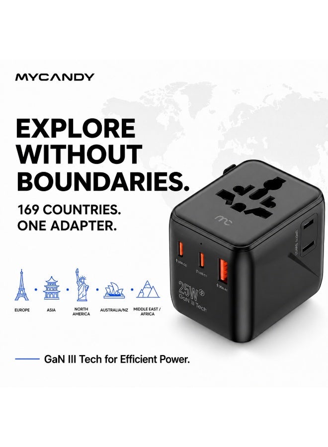 MYCANDY 25W Gan Iii Universal Travel Adapter With 2 Usb-C & Usb-A Ports, Worldwide Plug, Black Black - Image 3