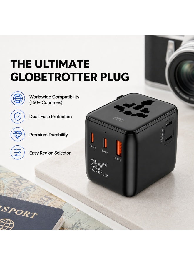 MYCANDY 25W Gan Iii Universal Travel Adapter With 2 Usb-C & Usb-A Ports, Worldwide Plug, Black Black - Image 5