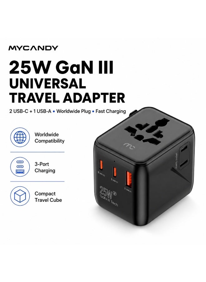 MYCANDY 25W Gan Iii Universal Travel Adapter With 2 Usb-C & Usb-A Ports, Worldwide Plug, Black Black - Image 2